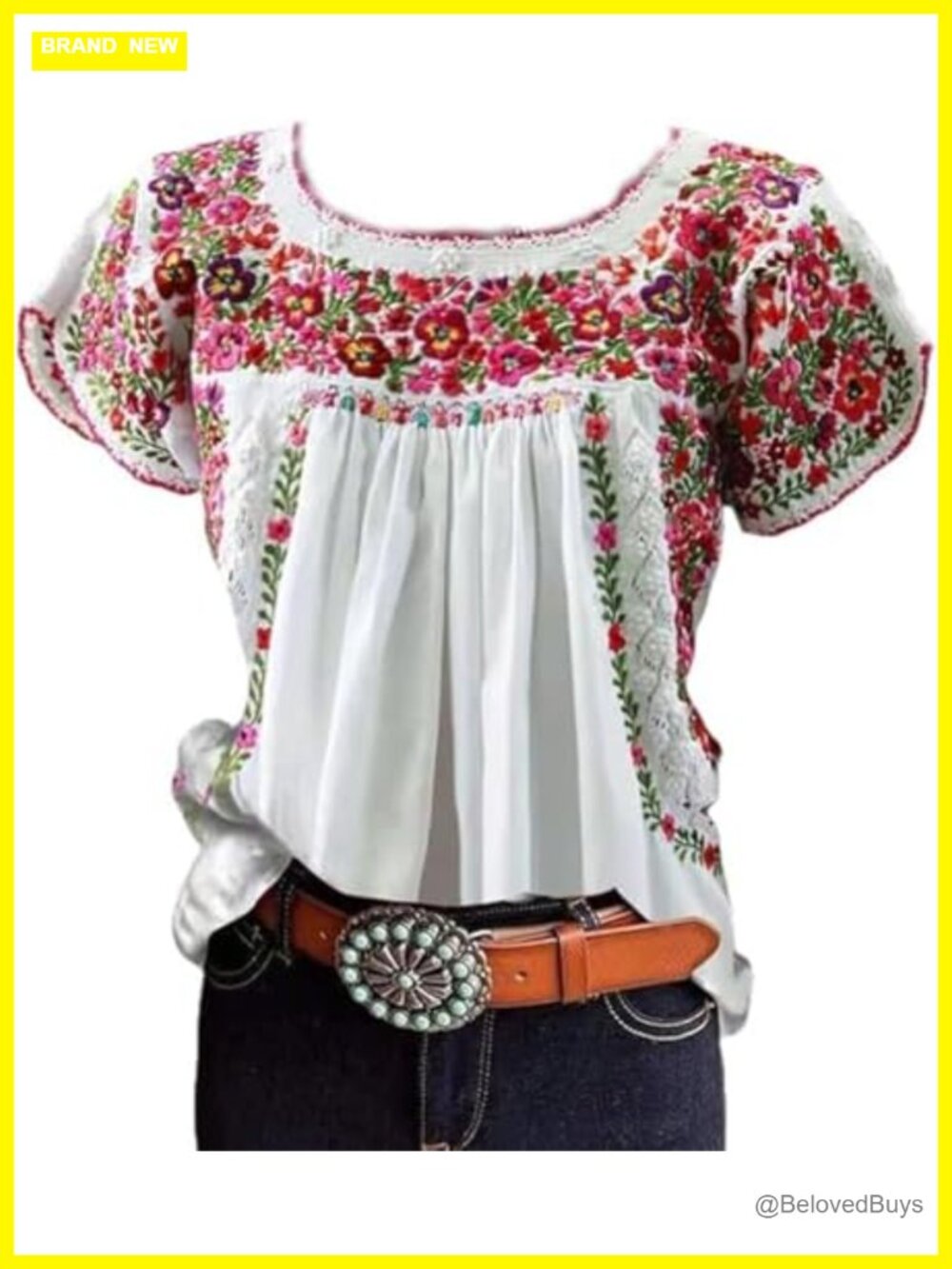 Mexican Floral Embroidered Peasant Blouse Pleated Short Sleeve Crew Neck
